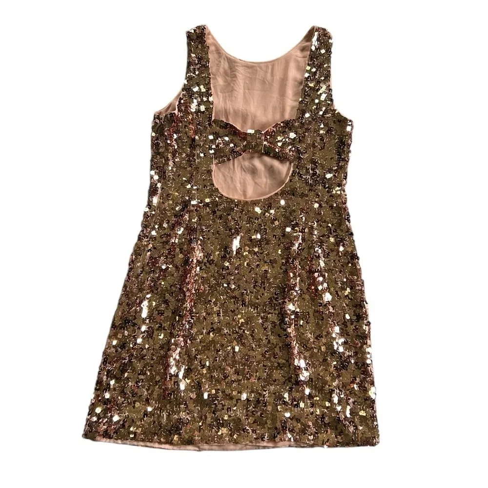 Kate Spade Rose Gold Sequin Bow Cutout Back Sleeveless Mini Dress Size 8